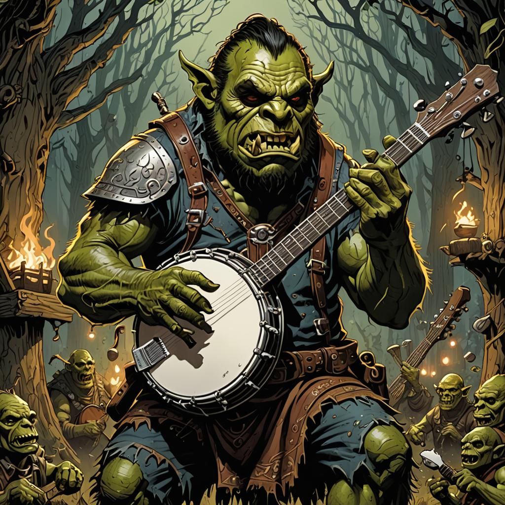 Orc Plays Banjo in Comic Book Art Style
