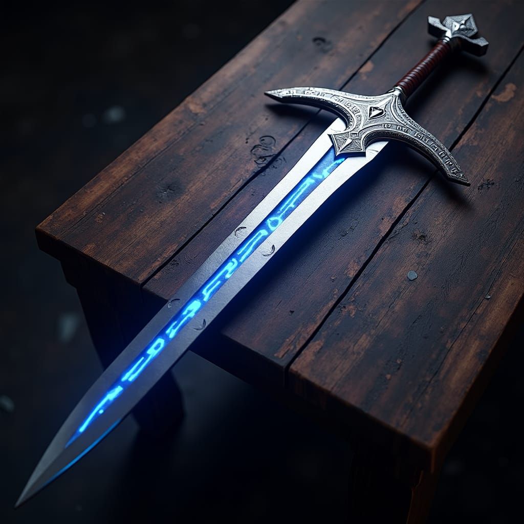 Medieval Longsword with Glowing Runes, Dark Fantasy Art