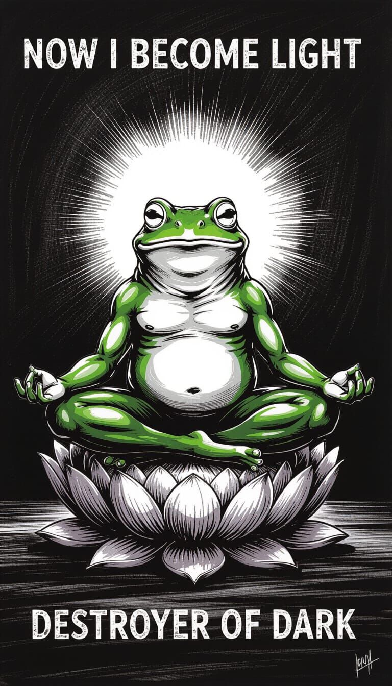 Frog-like Figure in Meditation: Dark Charcoal Drawing