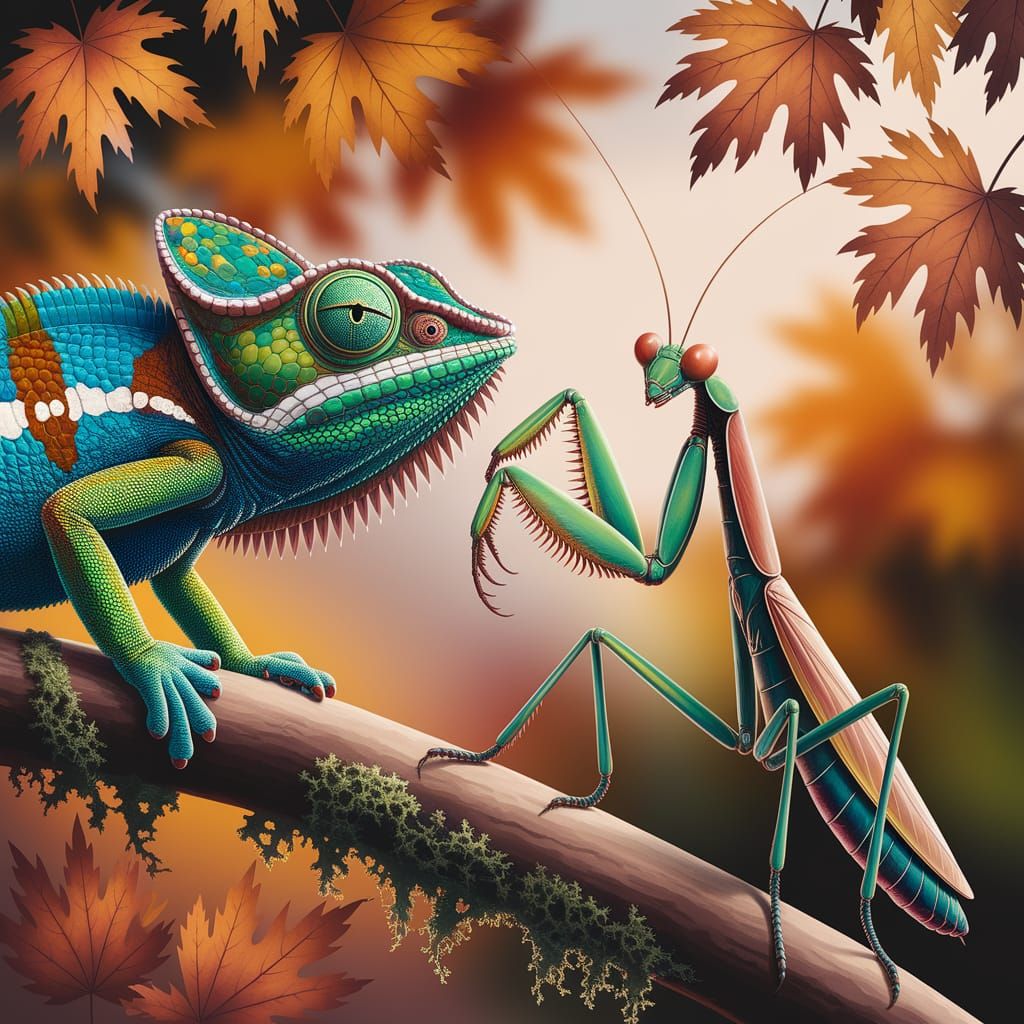 Chameleon and Mantis in Late Afternoon Sun