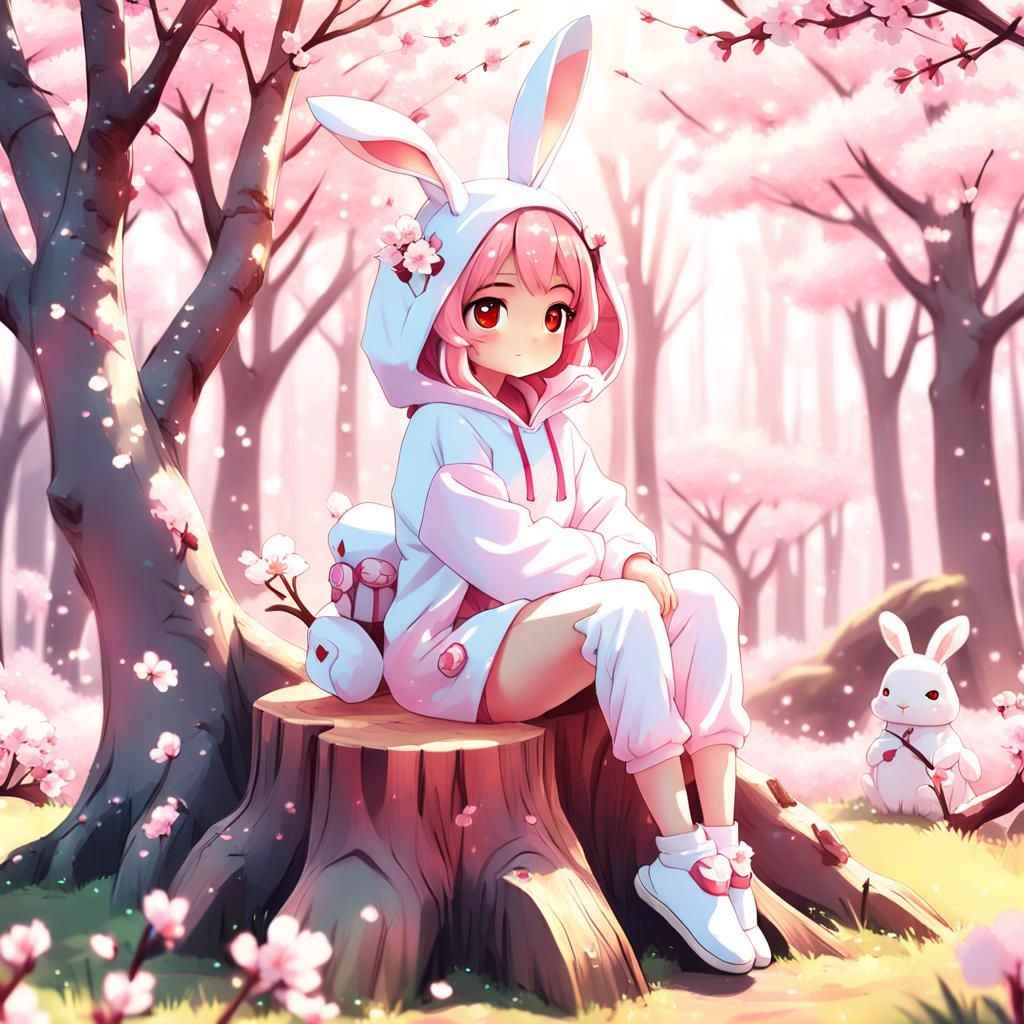 Kawaii Anime Girl in Cherry Blossom Forest