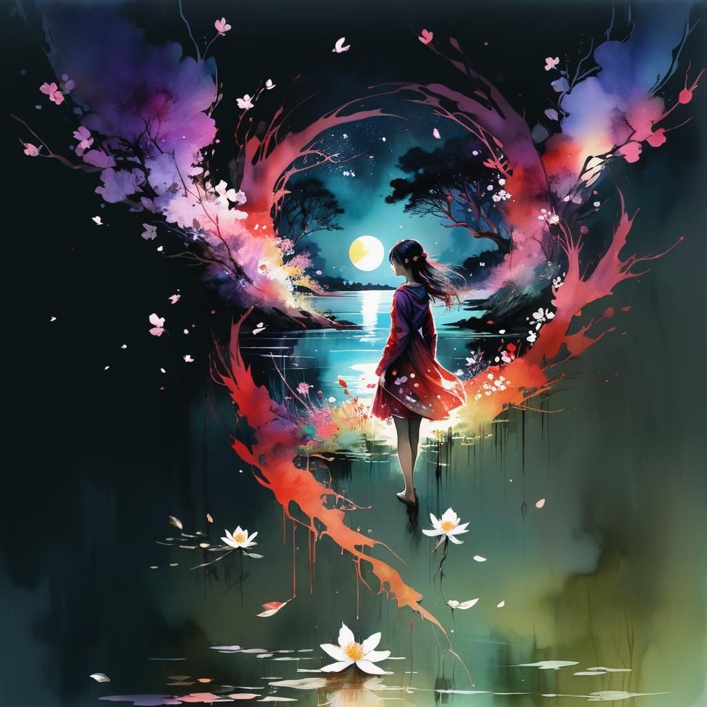 Dreamy Lake Glade at Night in Watercolor Style