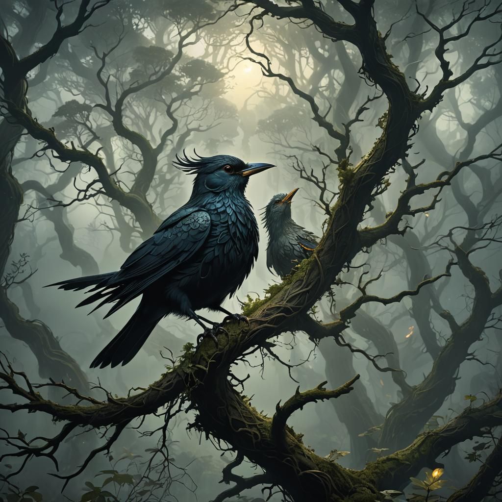 Majestic Bird's Birth in Misty Forest, Dark Fantasy Art