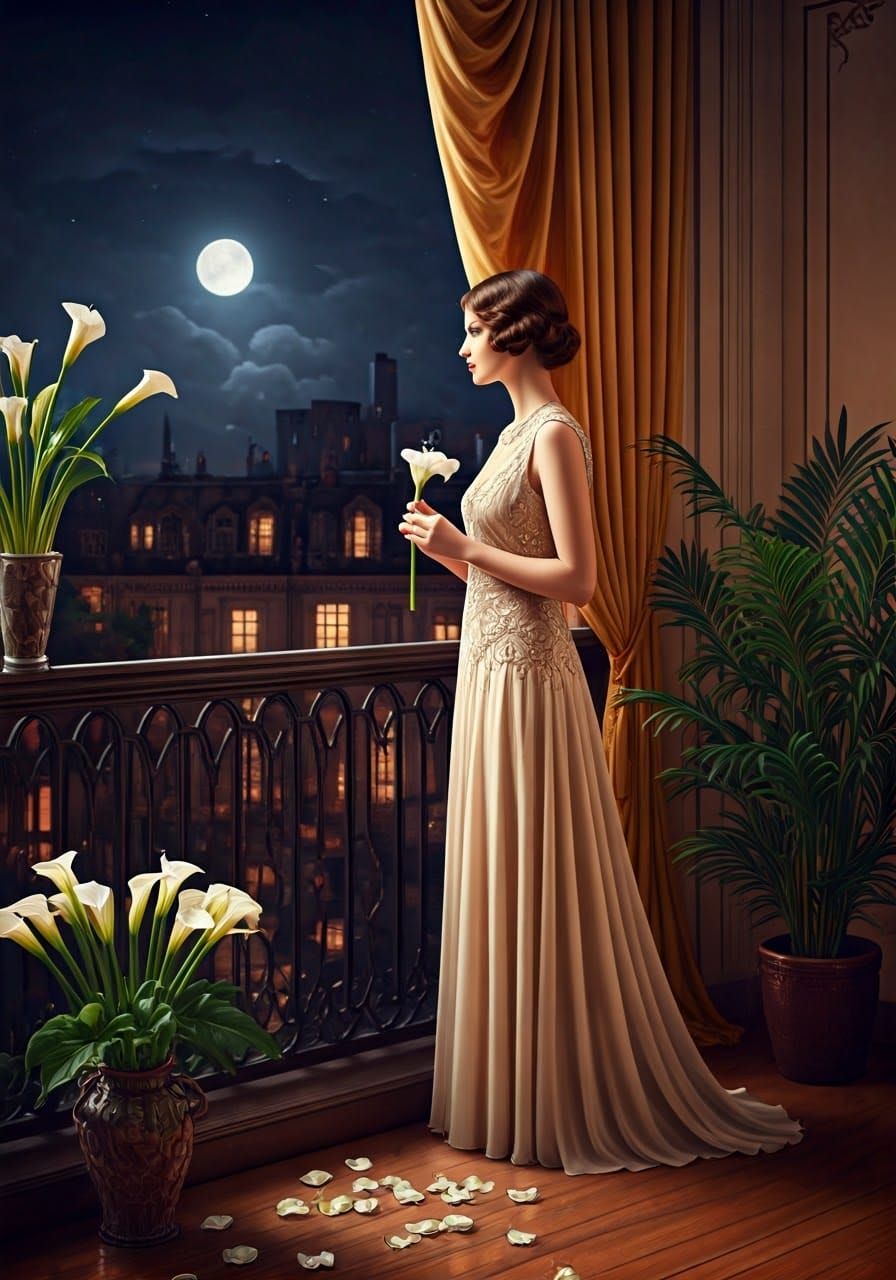 Elegant Woman in 1920s Gown Gazing at Cityscape