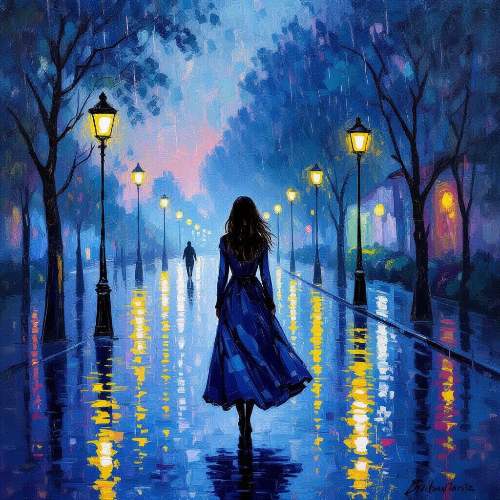 Twilight Rain Girl in Impressionistic Style
