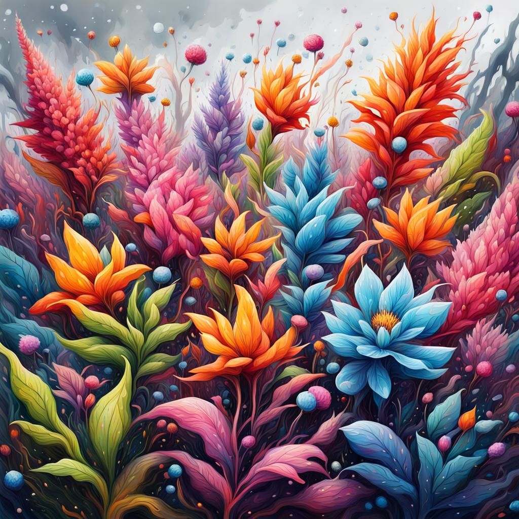 Colorful Intertwined Plants with Magical Sparkles in Graffit...