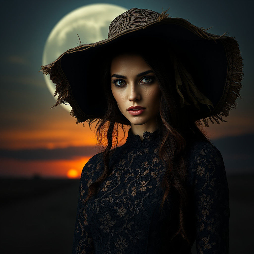 beautiful exotic woman wearing a large worn tattered floppy hat, front facing, black lace dress, moody dark full moon an...