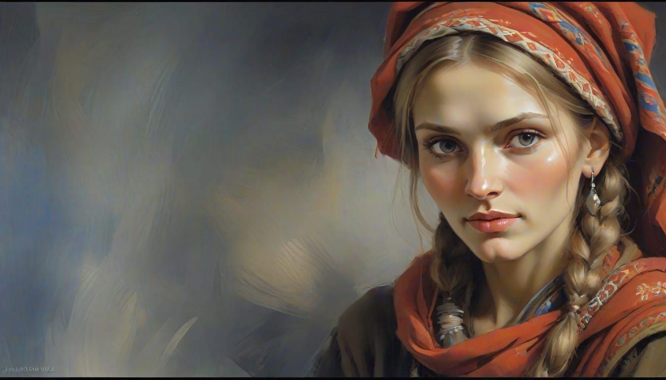 Slavic Peasant Woman in Oil Painting