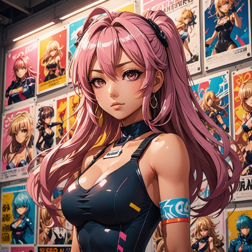 Gyaru Girl Standing Before a Vibrant Wall of Posters