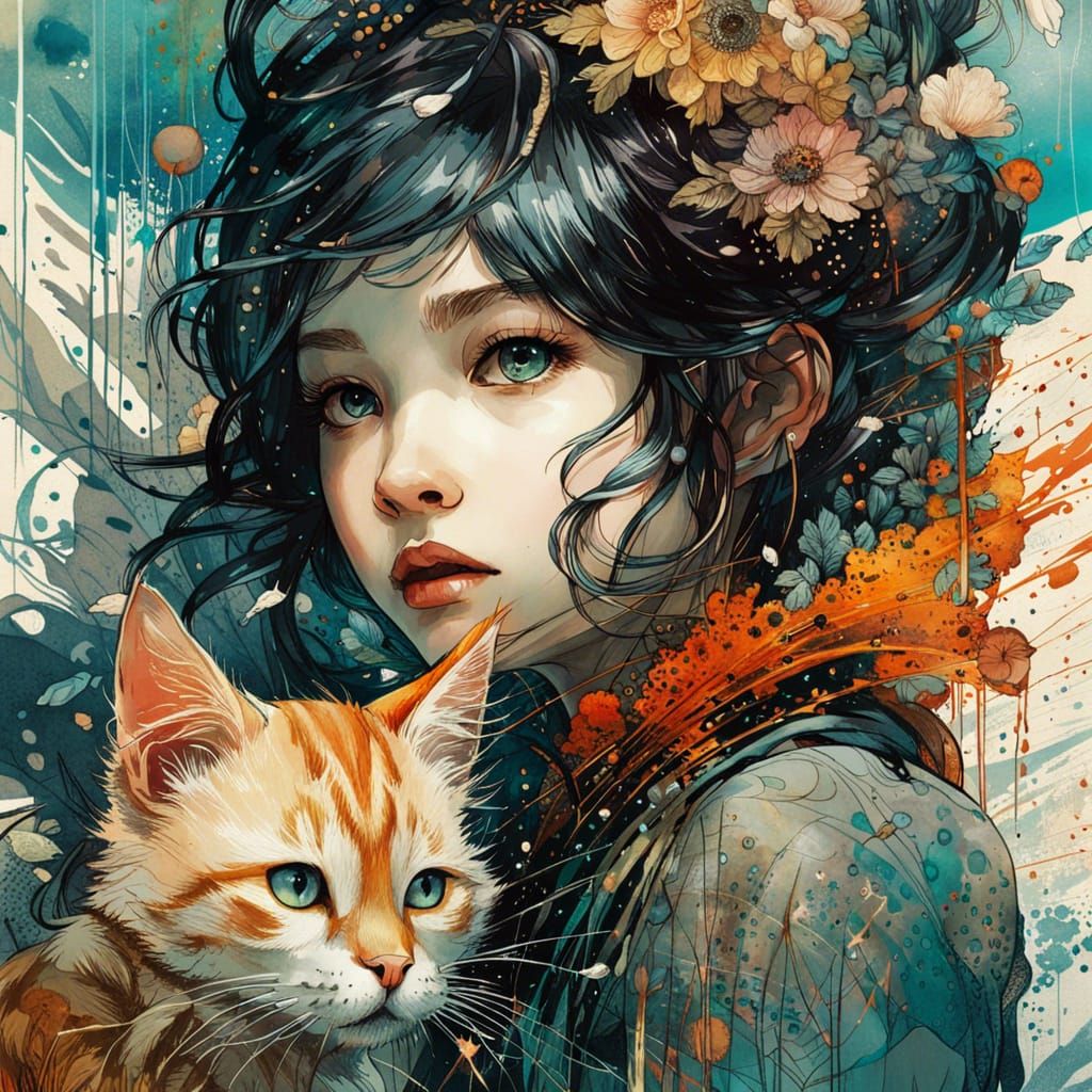 Girl with Kitten: Hyperrealistic Gouache Illustration