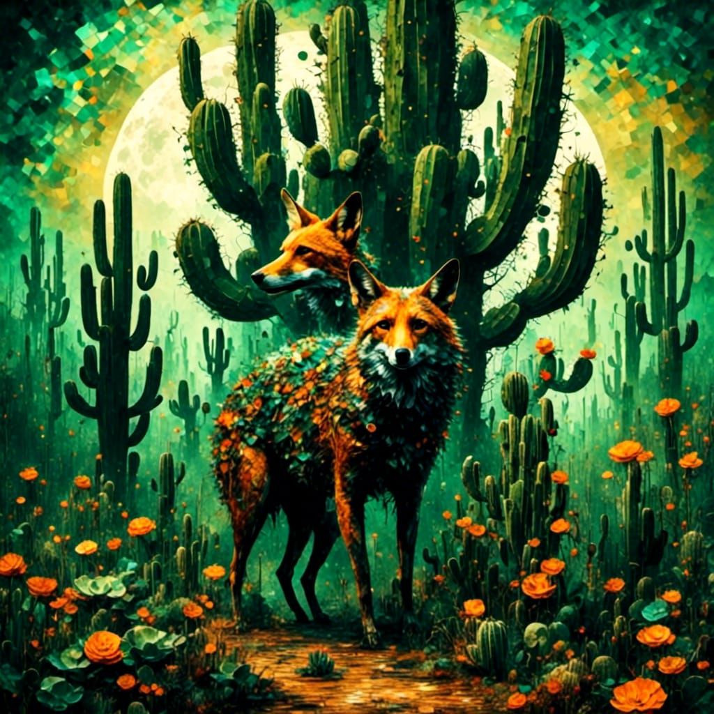 Coyote in Cactus Desert with Tiled Texture