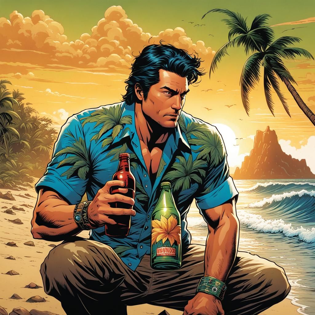 Monkey in Hawaiian Shirt on Beach, Comic Book Art