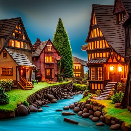 detailed structure miniature village, river, miniature houses, made from chocolate, art, colored, magical, wonder