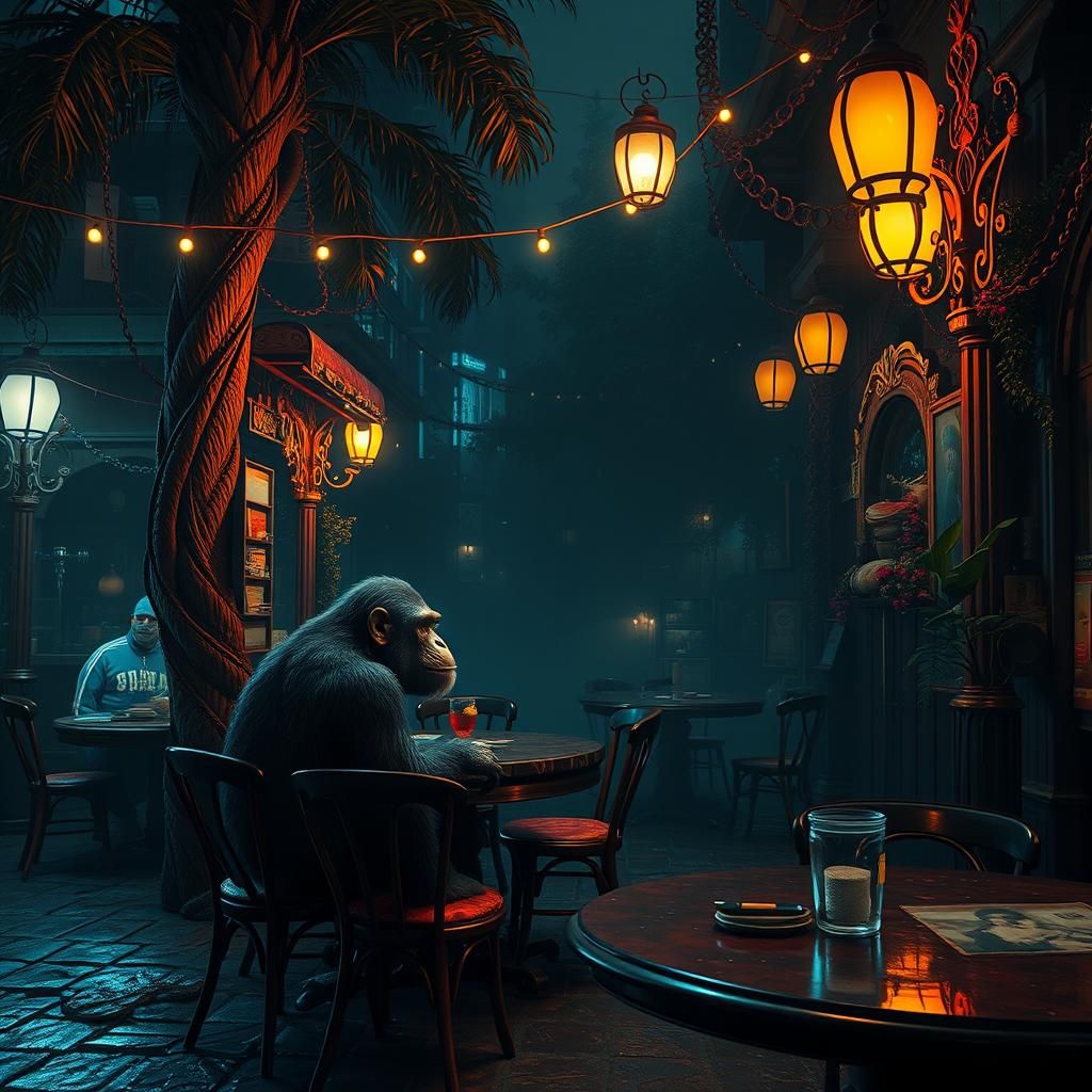 Chimpanzee in Night Cafe: Detailed Matte Painting