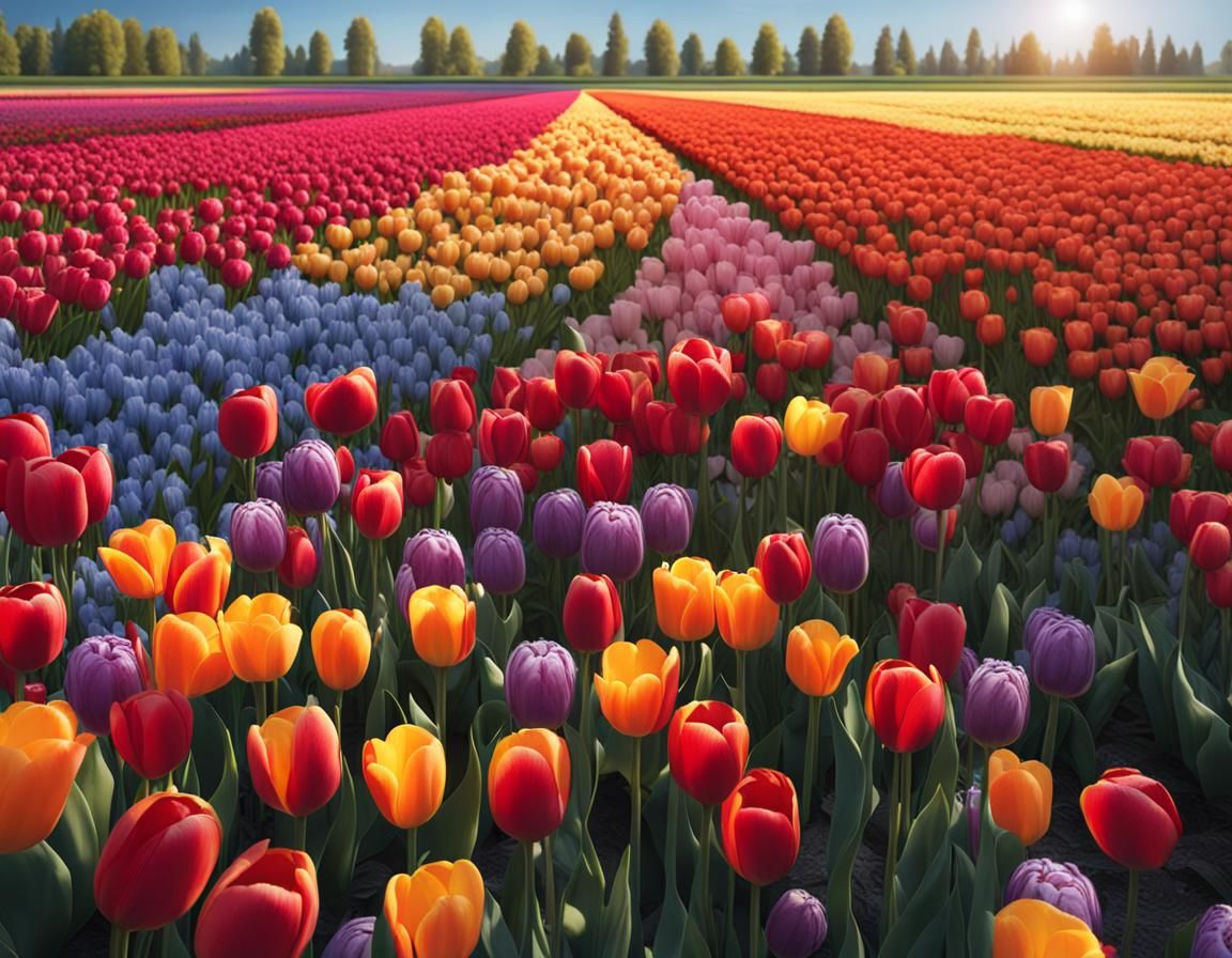 Colorful Tulip Field Under Blue Sky in 8K