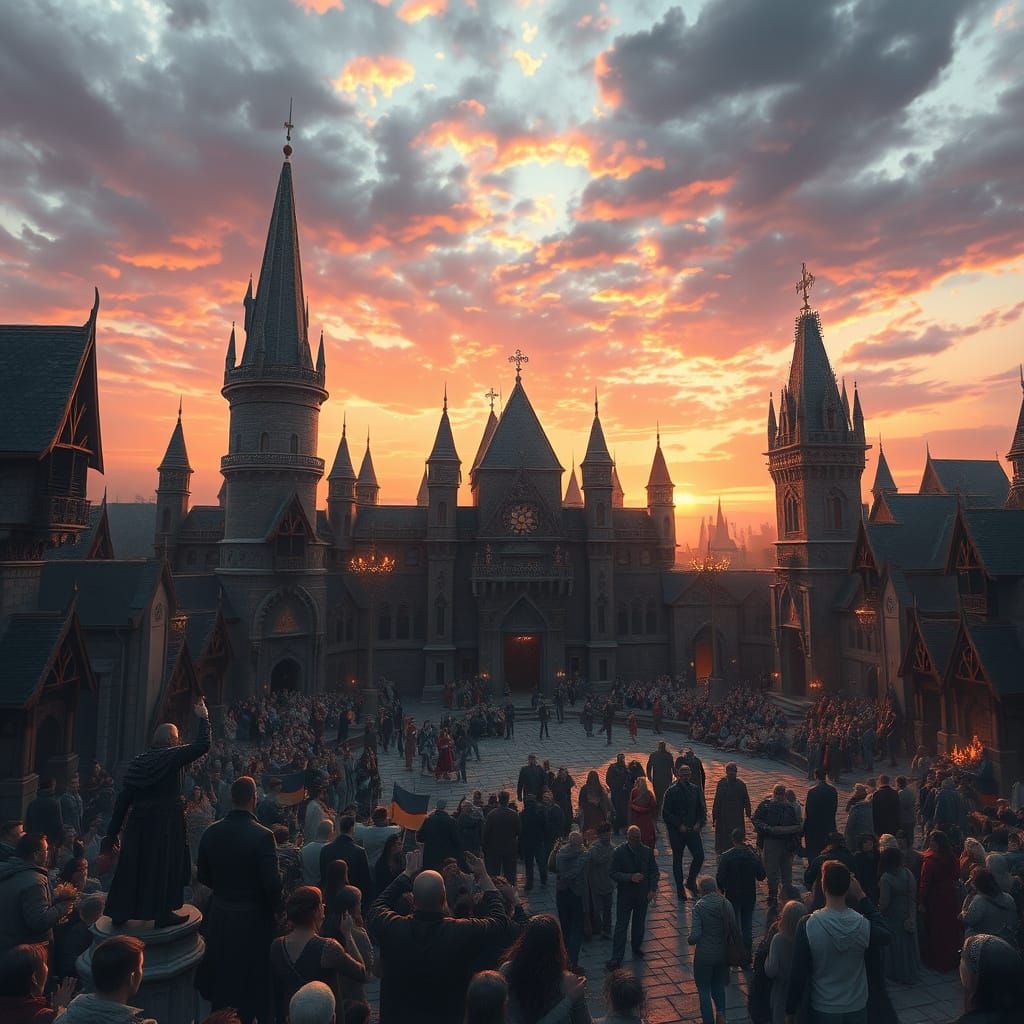 Epic Fantasy City Plaza at Sunset in Maximalist Digital Pain...