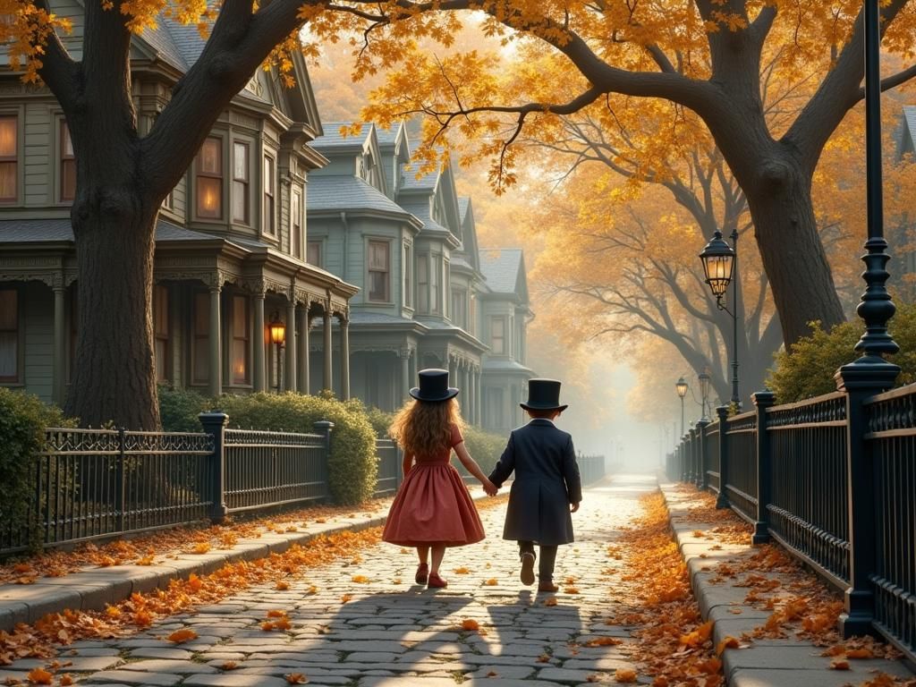 Victorian Children Stroll to School on Autumn Morning