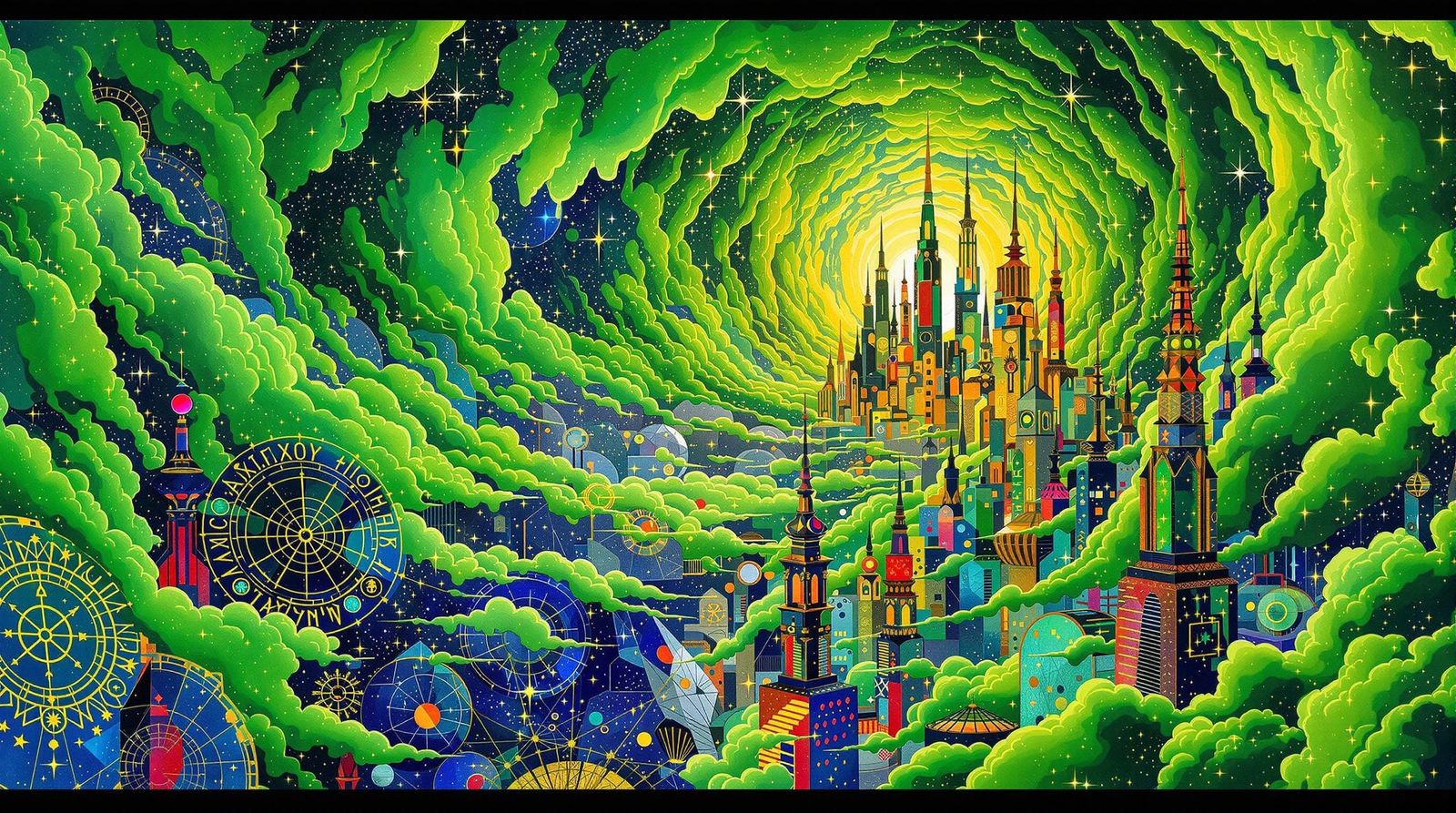 Gustav Klimt-Inspired Cosmic Metropolis in Vibrant Green Clo...