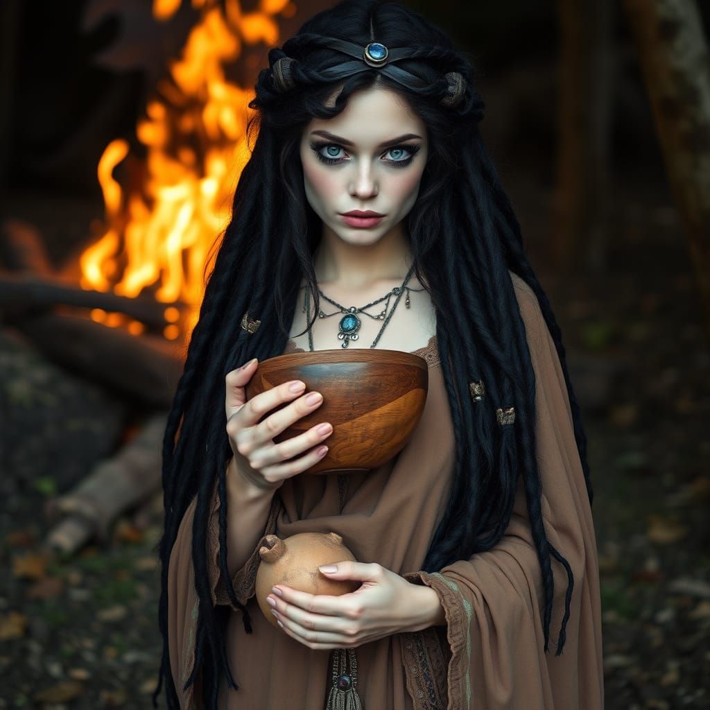 Pagan Woman with Bowl in Fairy Tale Style
