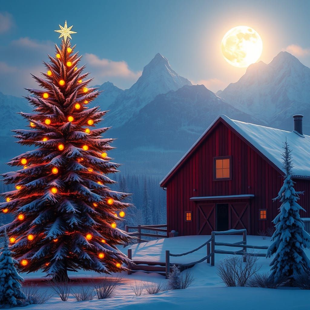 Majestic Christmas Tree Under Full Moon Tetons