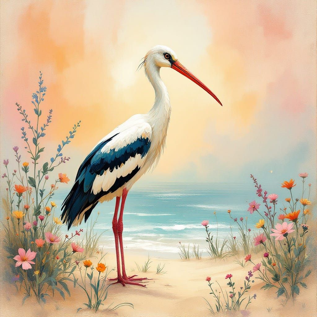 Whimsical Stork on Dreamy Beach in Folk Art Style