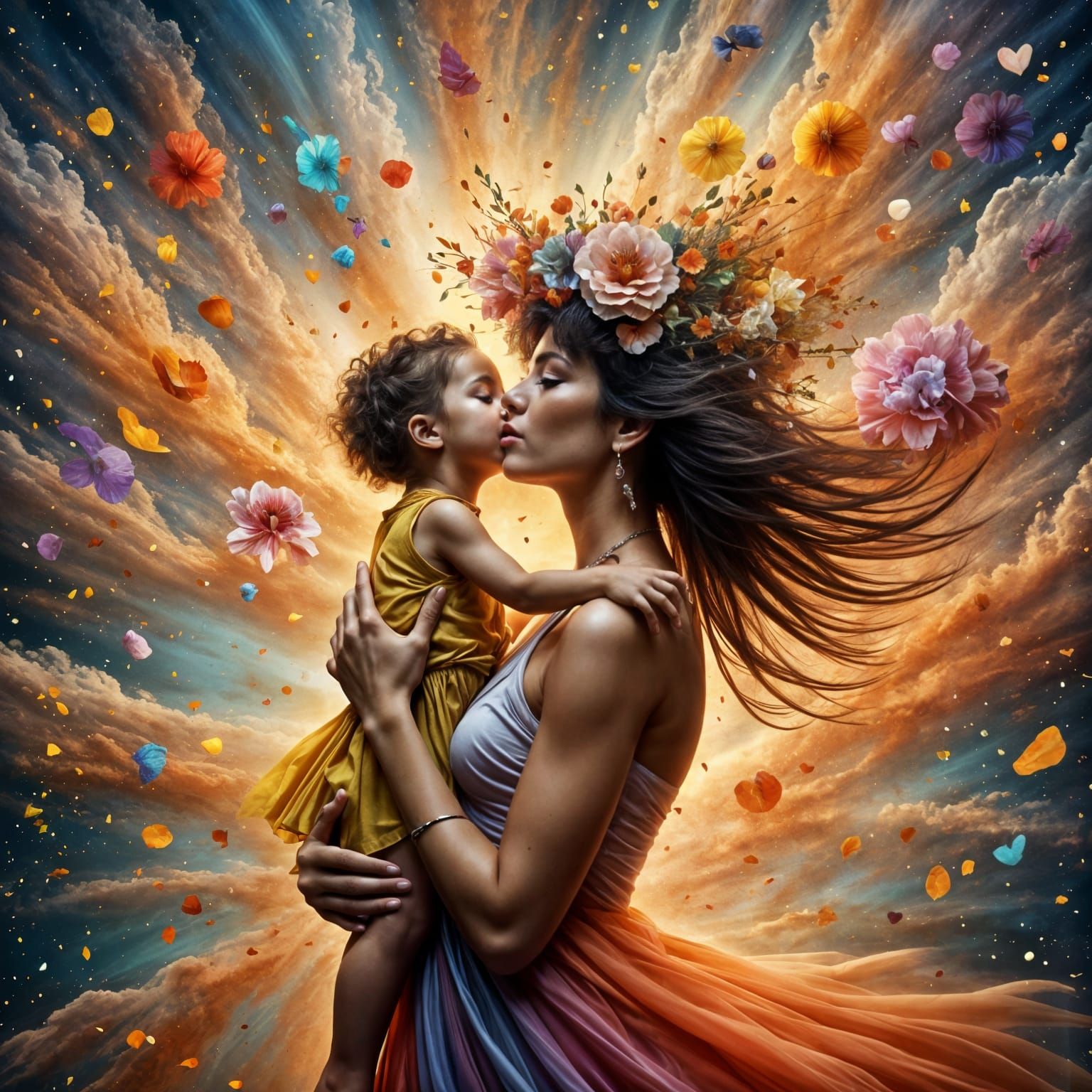 Mother and Daughter Embracing in Vibrant Hues