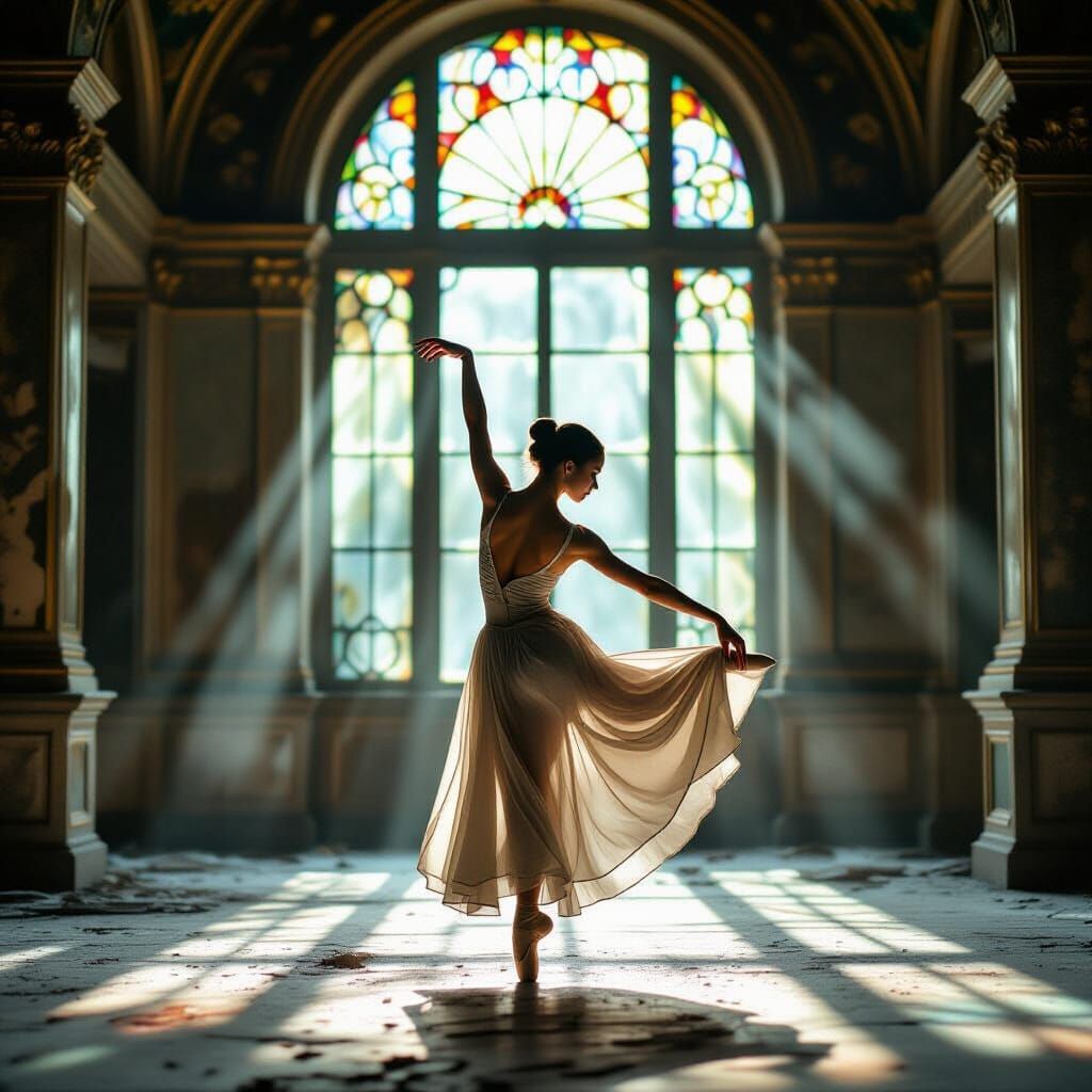 Ballet Dancer in Crumbling Art Nouveau Ballroom