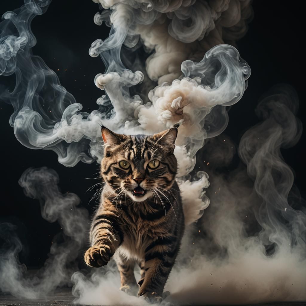 Cat Dissolving into Smoke in Urbanpunk Style