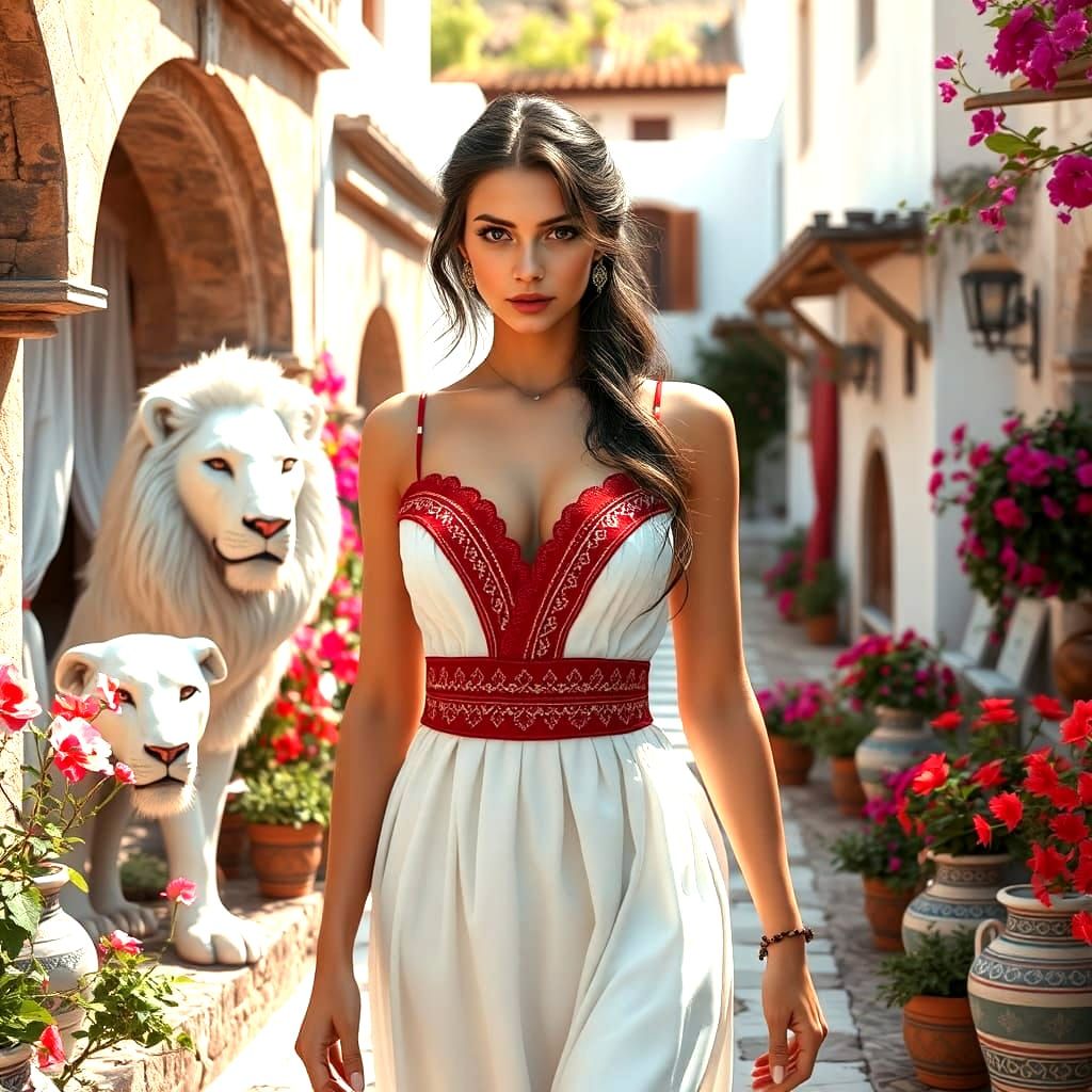Stunning Woman in Red and White Dress, Detailed Digital Art