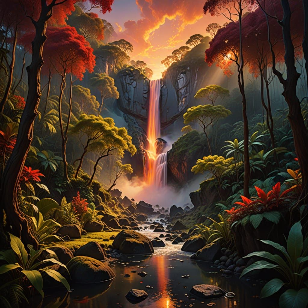 Cinematic Dark Forest Revealed by Fiery Waterfall in Vibrant...