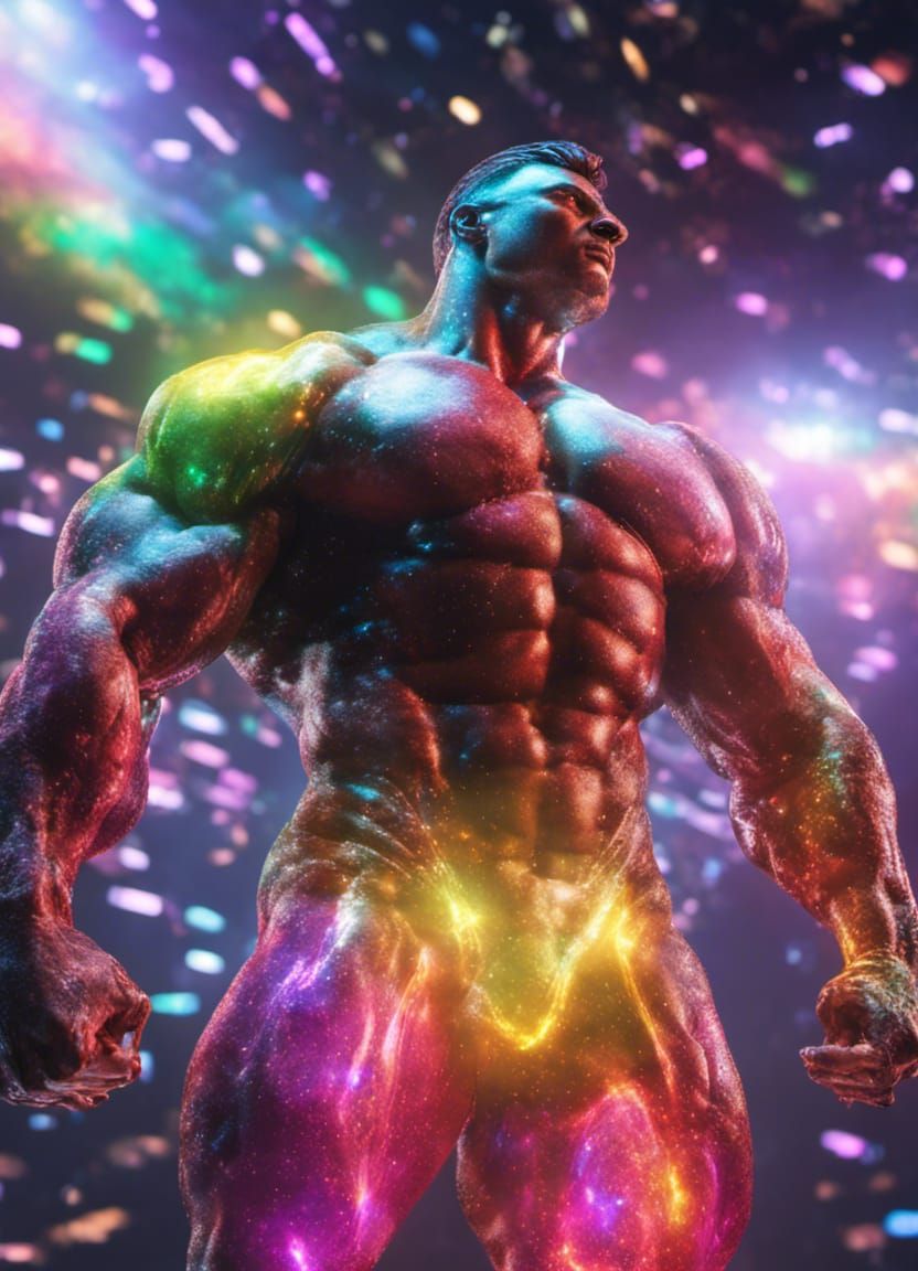 Glass Bodybuilder Flexing with Rainbow Lighting