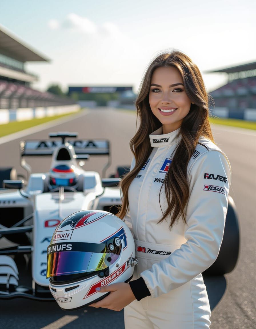 Russian Racer Woman Beside Formula Car in Hyper-Realistic Ph...