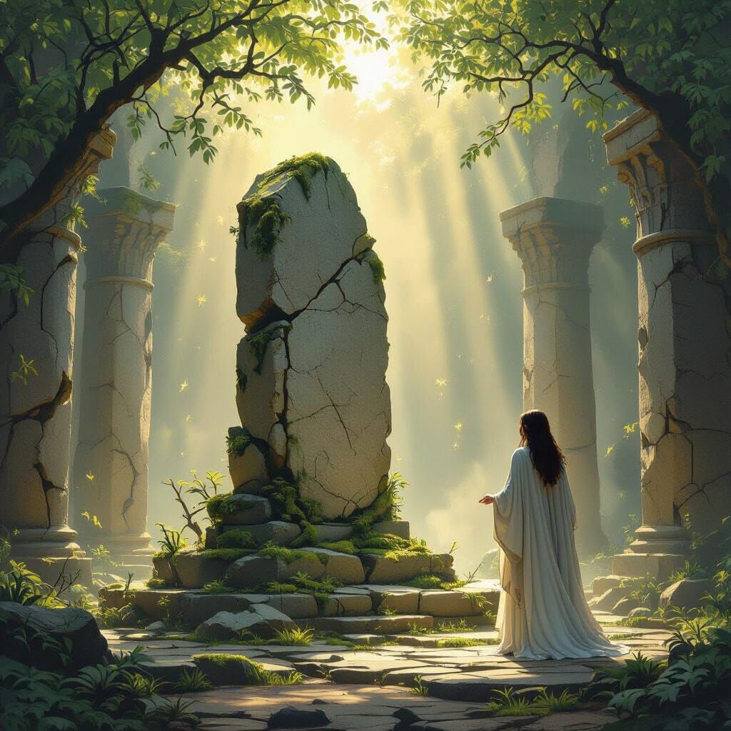 Enchanted Forest Clearing with Stone Pedestal