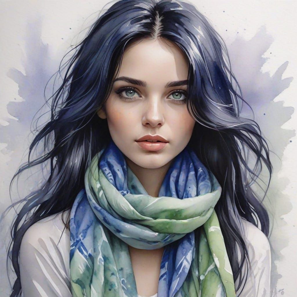 Captivating Woman in Watercolor Scarf