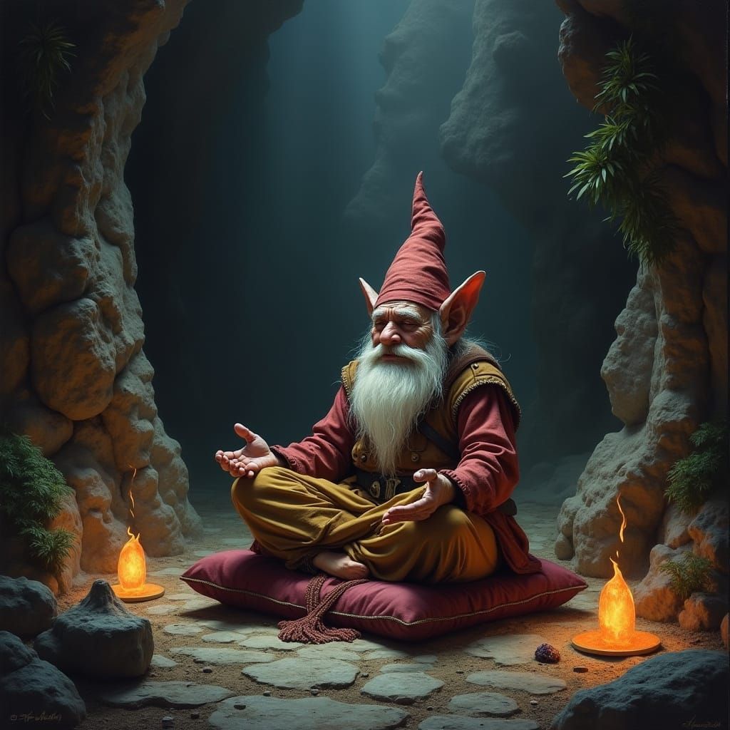 Gnome Meditating in Mountain Chamber, Oil Painting Style