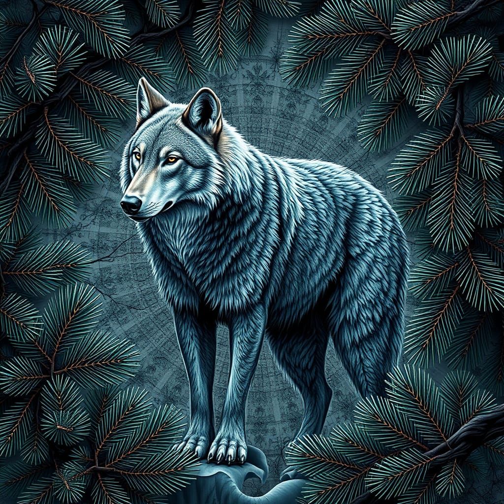 Fractural art of a wolf standing with pine branches surround...
