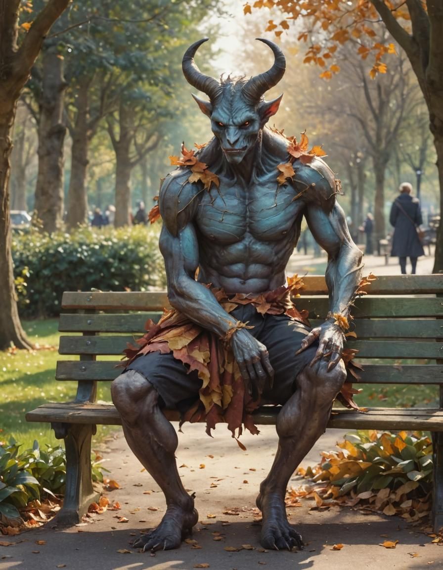 Demon Camouflaged with Autumn Leaves in Watercolour Style