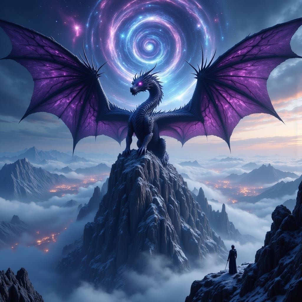 Majestic Dragon on Snowy Peak in Cosmic Sky