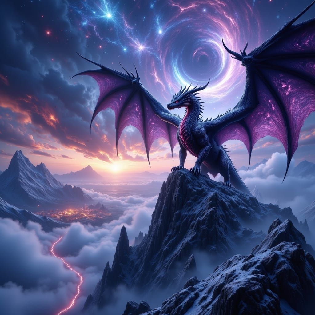 Ancient Obsidian Dragon on Snowy Peak