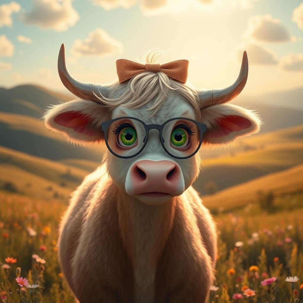 Anthropomorphic Cow in Lush Countryside, Fantasy Art