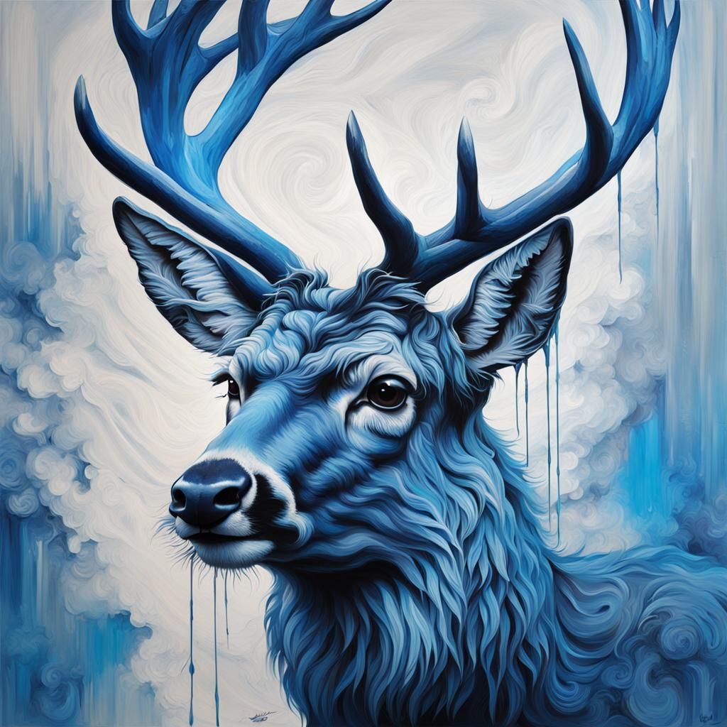 Blue Deer Portrait in Oil, Astral Cosmic Style