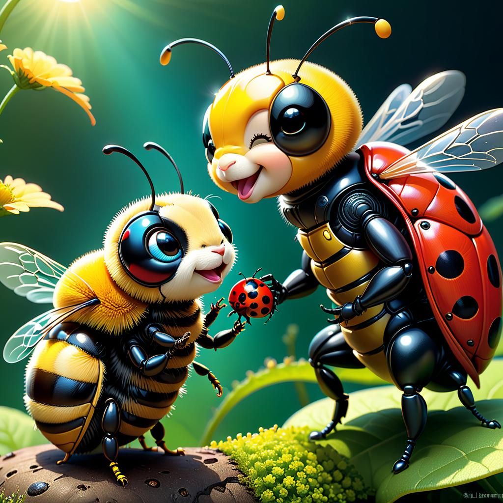Cartoon Bee and Ladybug Conversation in Artgerm Style