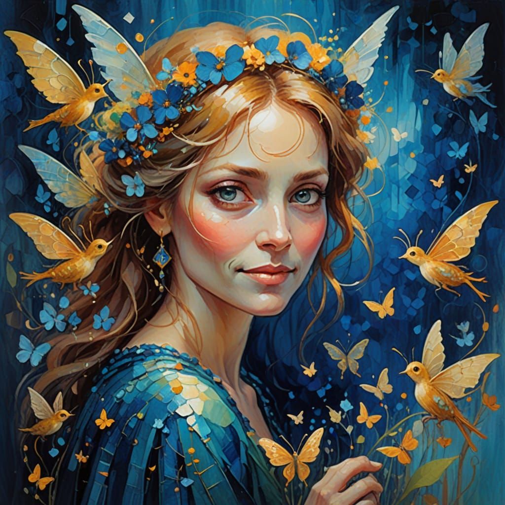 Golden-Eyed Woman and Fairies in Impasto Style