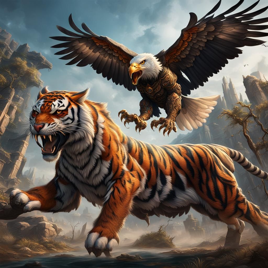 Bold eagle chasing a tiger