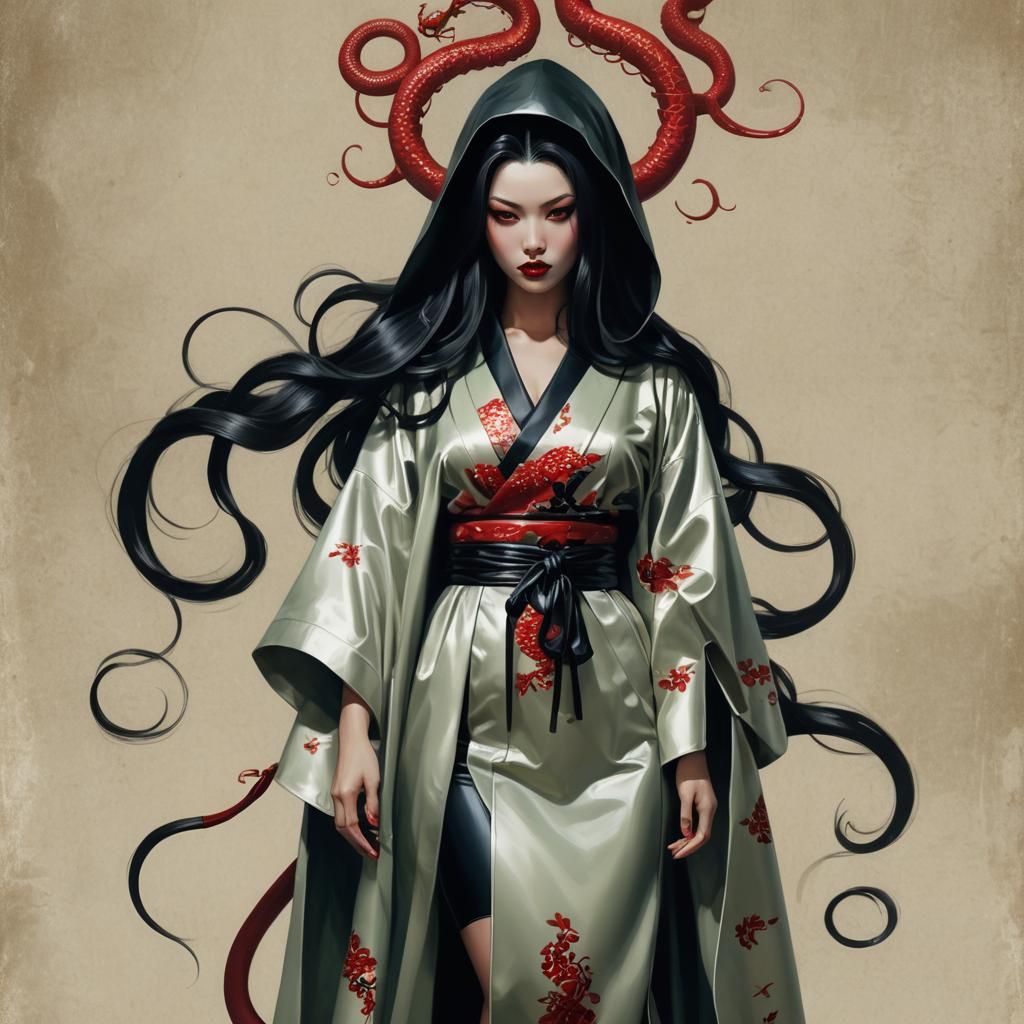 Elegant Japanese Pin-Up in Latex Kimono