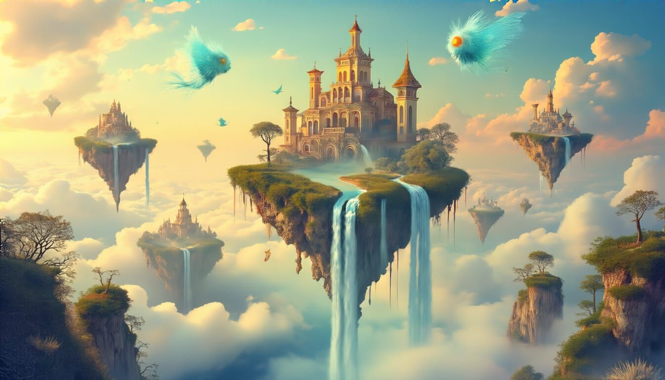 Surreal Dreamscape with Floating Islands and Ethereal Creatu...