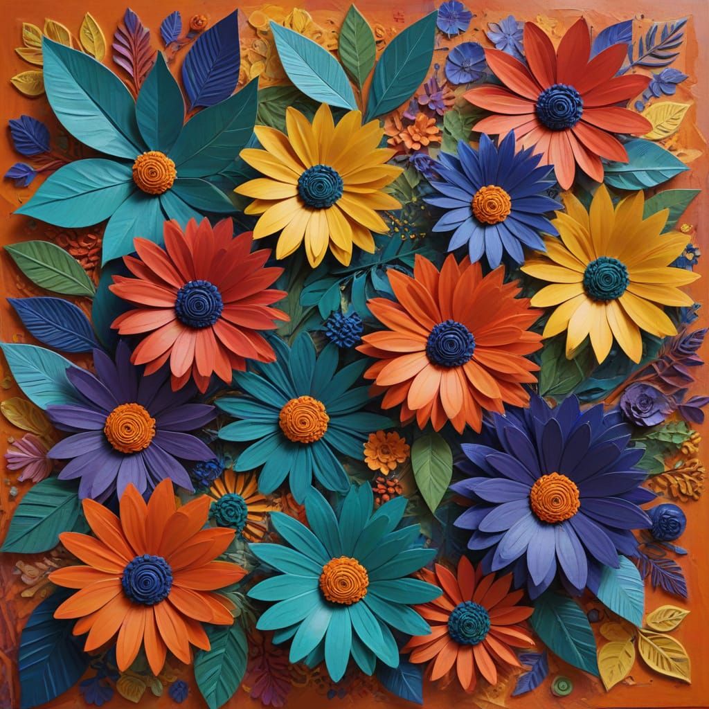 Vibrant Multicolor Papier-Mâché Flower Collage on Canvas