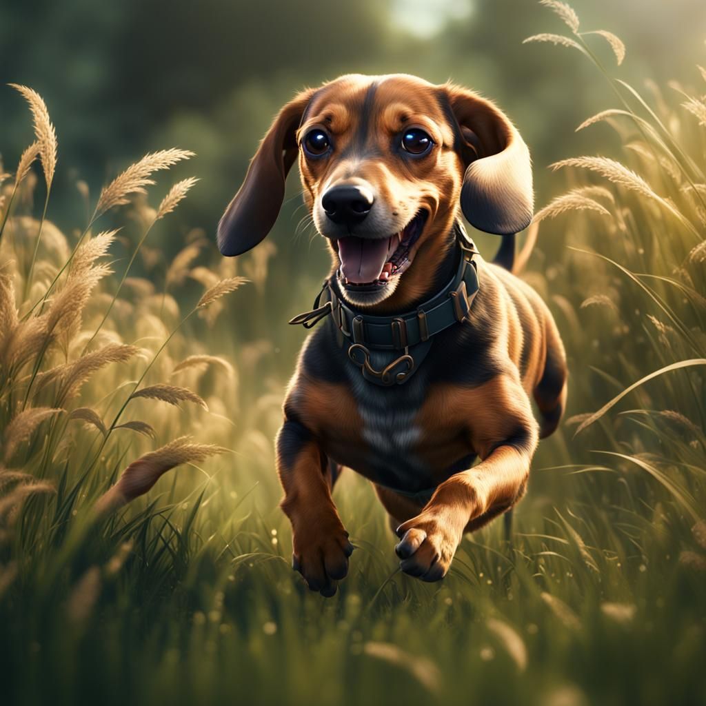 Dachshund Beagle Mix Running Through Grass: Matte Painting