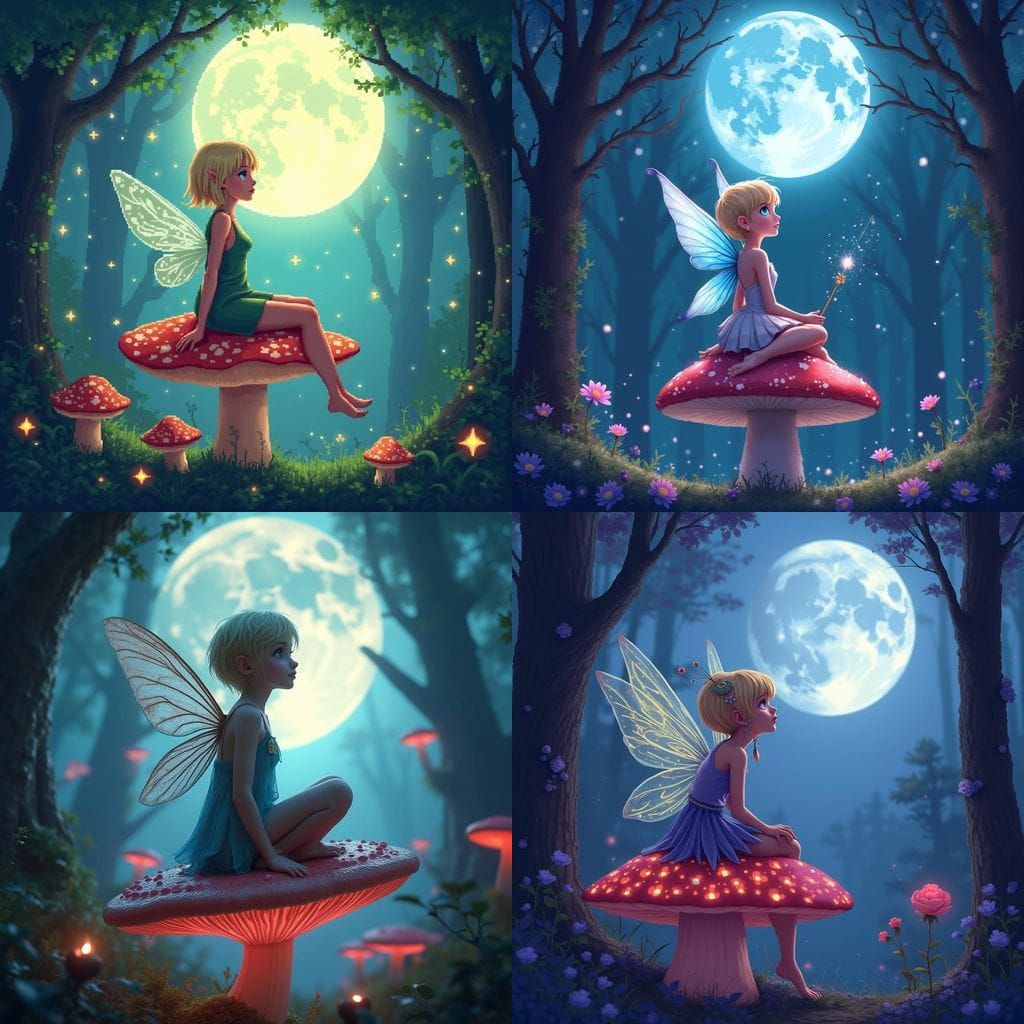 Ethereal 8-Bit Fairy in Whimsical Forest Nighttime Scene