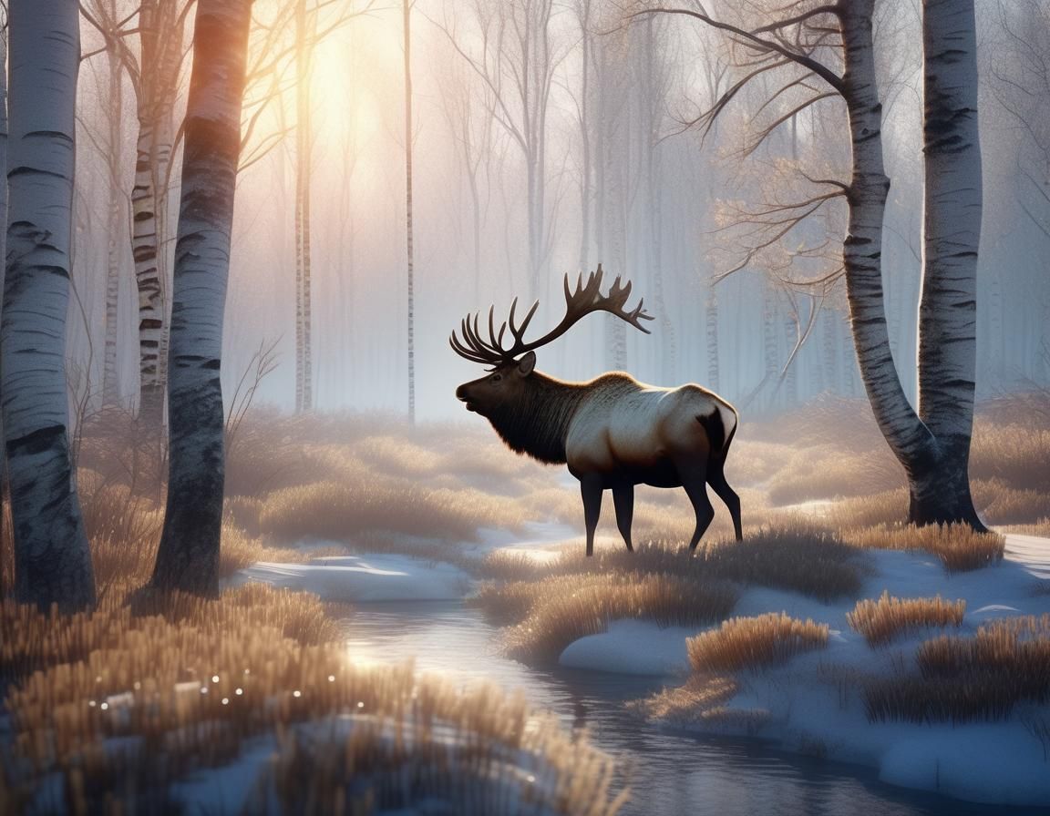 Fairy Rides Elk Through Forest at Sunrise